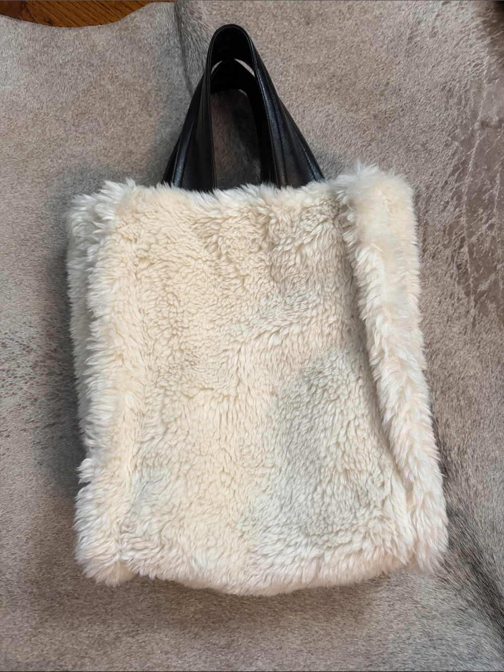 Stand Studio Cream Faux Shearling Tote with Black Handles